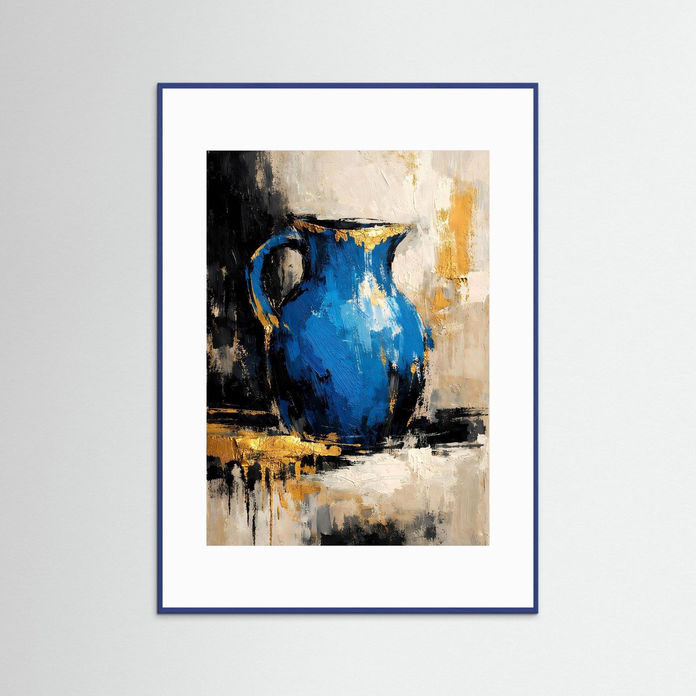 Hochformat Kunstposter mit abstraktem Krug: azurblau, goldene Akzente, blauer Rahmen