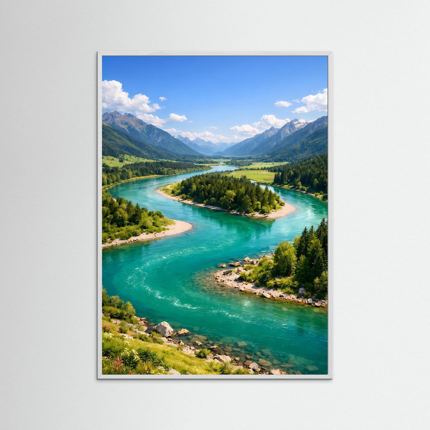Flusslandschafts-Poster mit weißem Holzrahmen: türkisgrüner Fluss durch Alpen, Hochformat