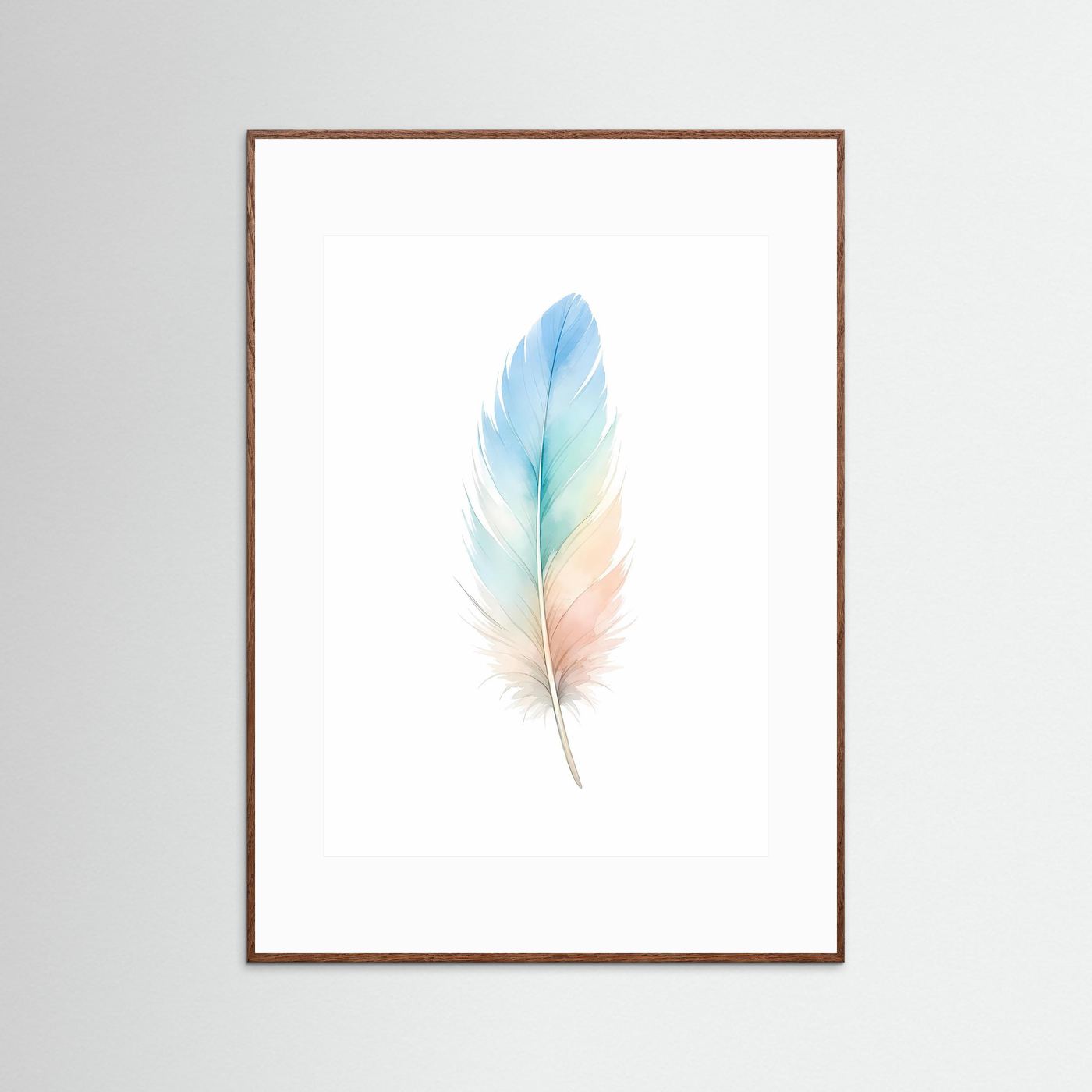 Wandposter mit Aquarellfeder im Pastell-Farbverlauf, brauner Holzrahmen, Hochformat