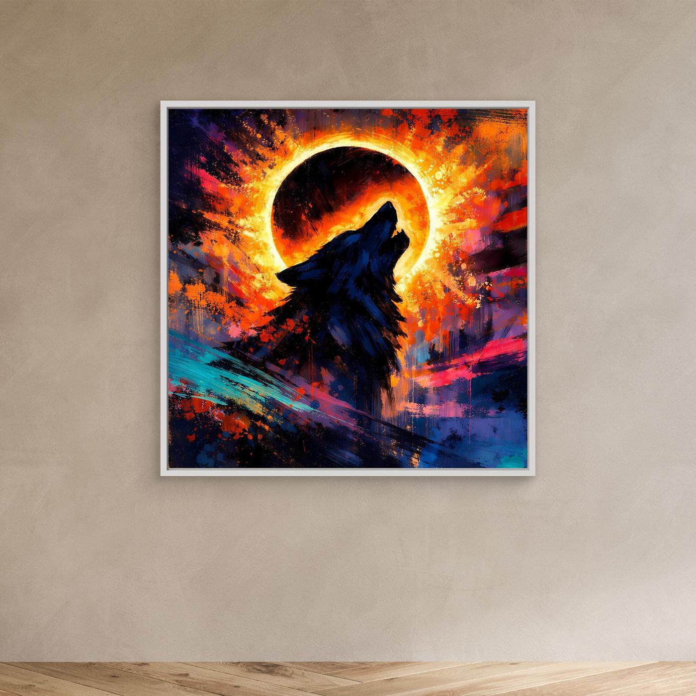 Gerahmtes Leinwand-Wandbild mit weißem Rahmen: heulender Wolf im Sonnenfinsternis-Ring