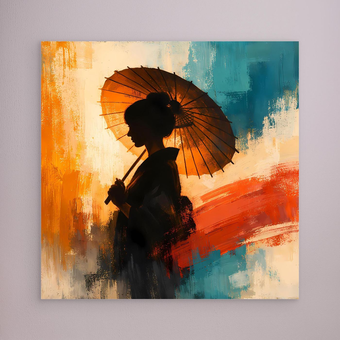 Leinwand Elegante Frau mit Sonnenschirm | Ästhetisches Japanisches Wandbild auf Keilrahmen