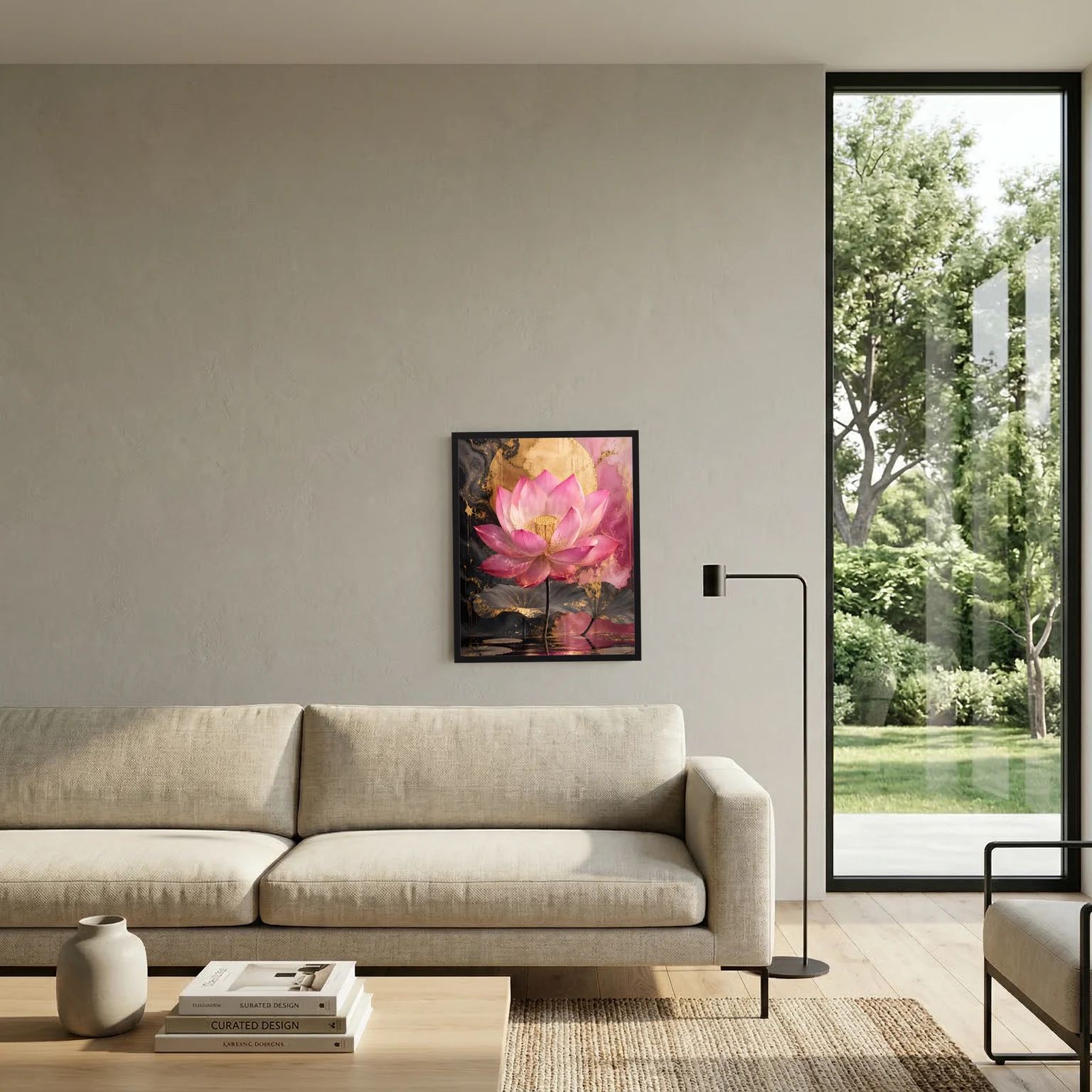 Lotusblumen-Wandbild mit schwarzem Rahmen, rosa Lotusblüte, goldene Akzente