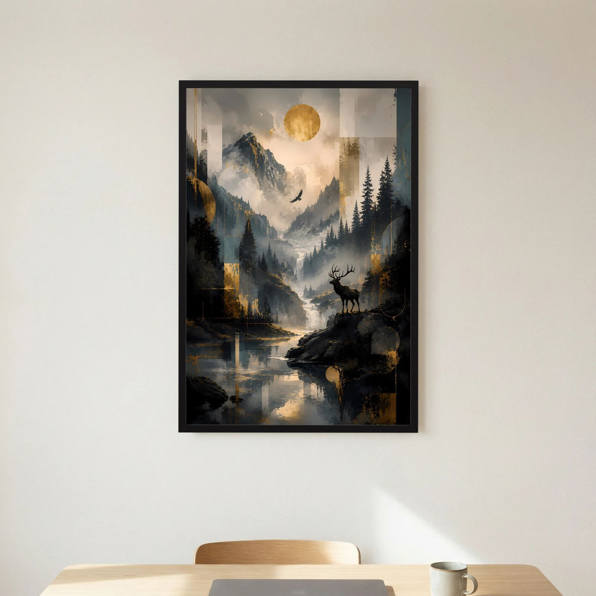Hochformatiges Poster mit Hirschsilhouette am Wasser, umgeben von Bergen, Wald und goldener Sonne