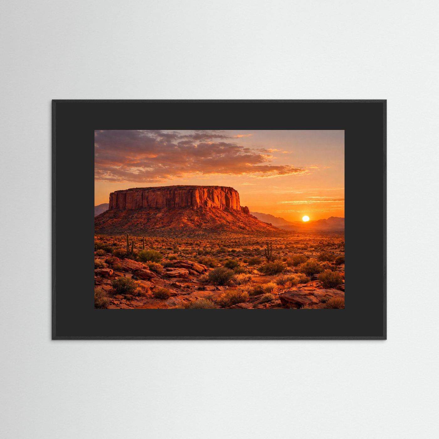 Wandbild mit Wüstenfelsen und Sonne im Abendhimmel, dunkelgrauer Rahmen