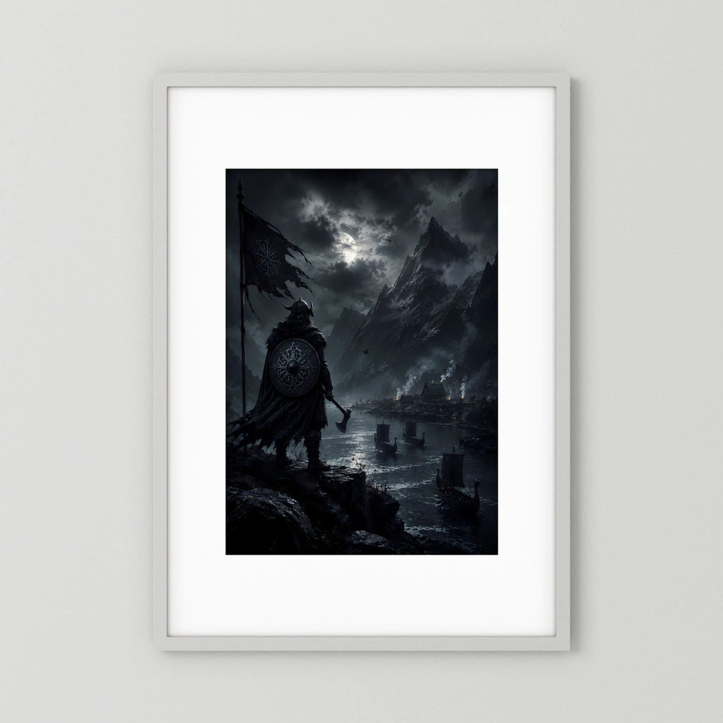 Poster im Hochformat mit Wikinger-Figur vor dunkler Mondlandschaft, im hellen Rahmen