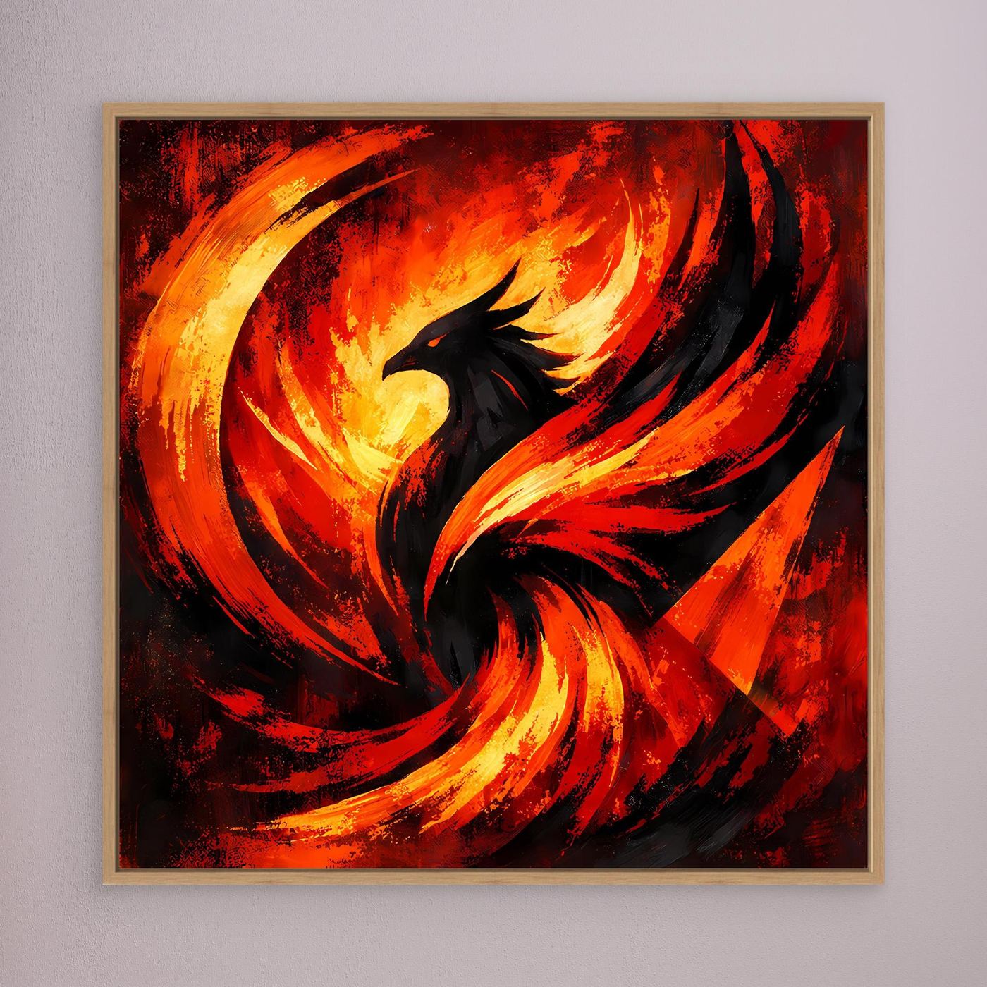 Wandbild: abstrakter Phönix in Schwarz/Feuerrot mit goldenen Flammen, goldbraun gerahmt