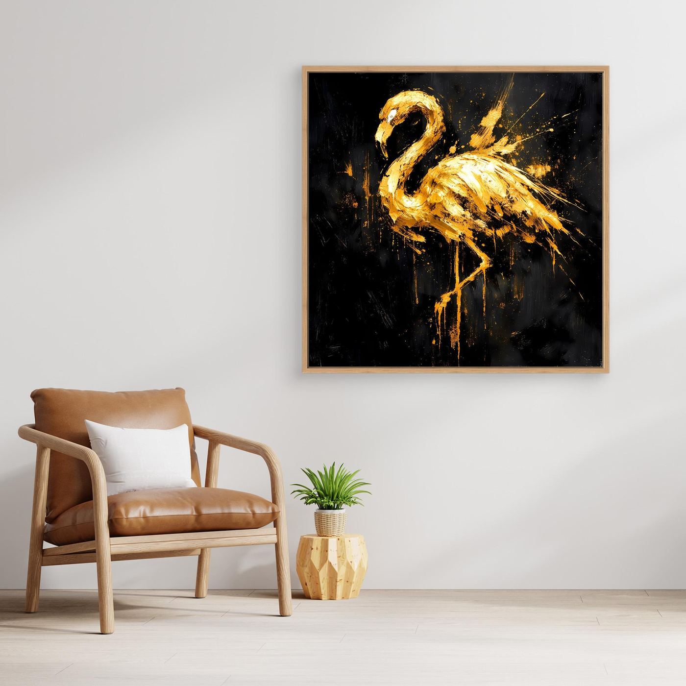 Leinwand Goldener Flamingo auf Schwarz | Abstraktes Modernes Tier Wandbild Kunst