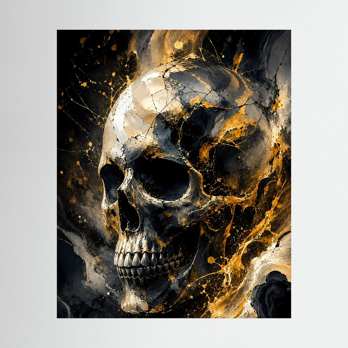 Poster im Hochformat mit Totenkopf in Schwarz und Gold, abstrakte Marmorstruktur