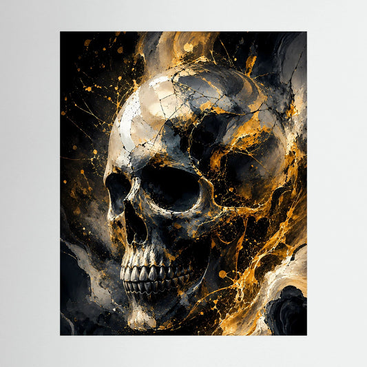 Poster im Hochformat mit Totenkopf in Schwarz und Gold, abstrakte Marmorstruktur