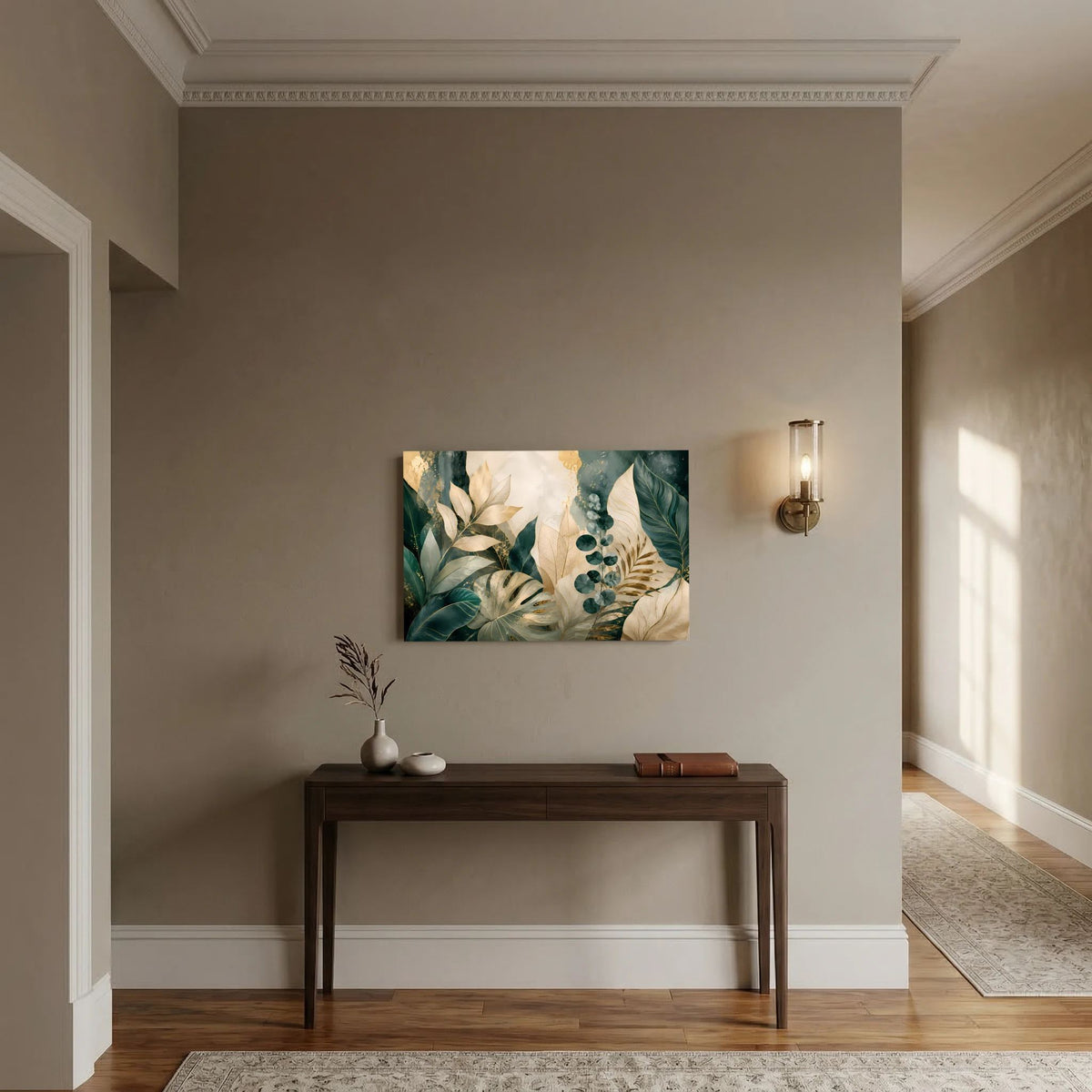 Poster im Querformat mit botanischem Blättermotiv in Grün, Creme und Gold