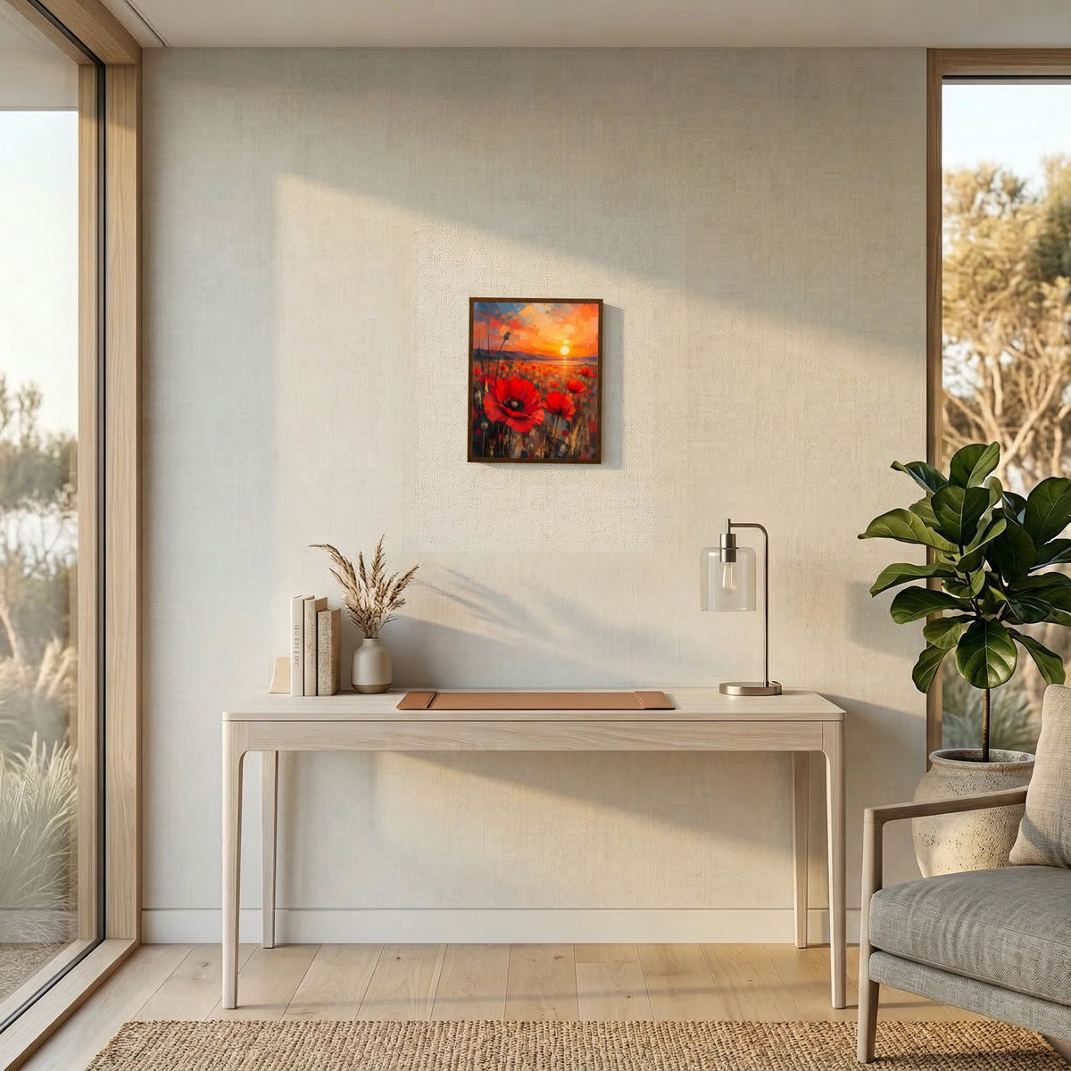 Gerahmtes Poster mit roten Mohnblumen und orangefarbener Sonne im abstrakten Sonnenuntergang