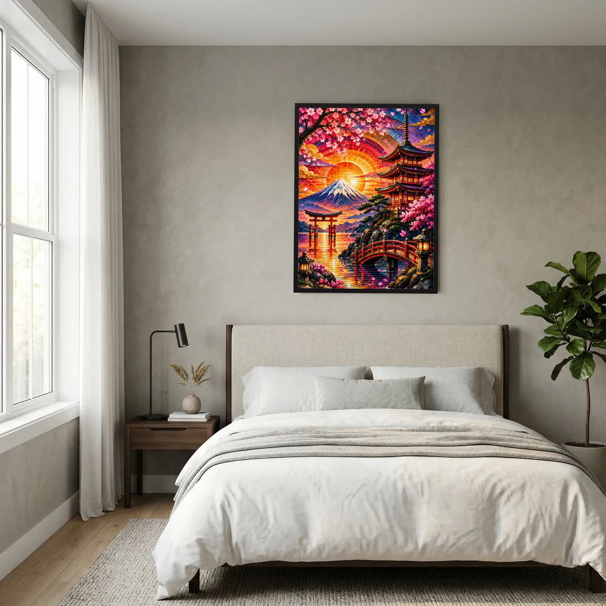 Wandposter im Hochformat mit schwarzem Rahmen, Mosaik-Landschaft mit Pagode und Sakura