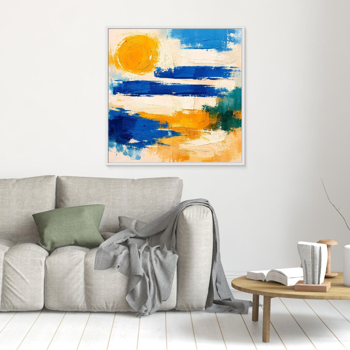 Unframed abstract canvas wall art with blue waves and yellow sun brushstrokes.