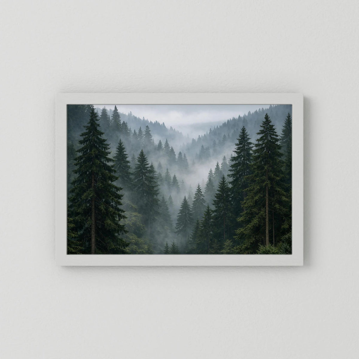 Wandbild Querformat mit Nebelwald und Tannen, weißer Rahmen