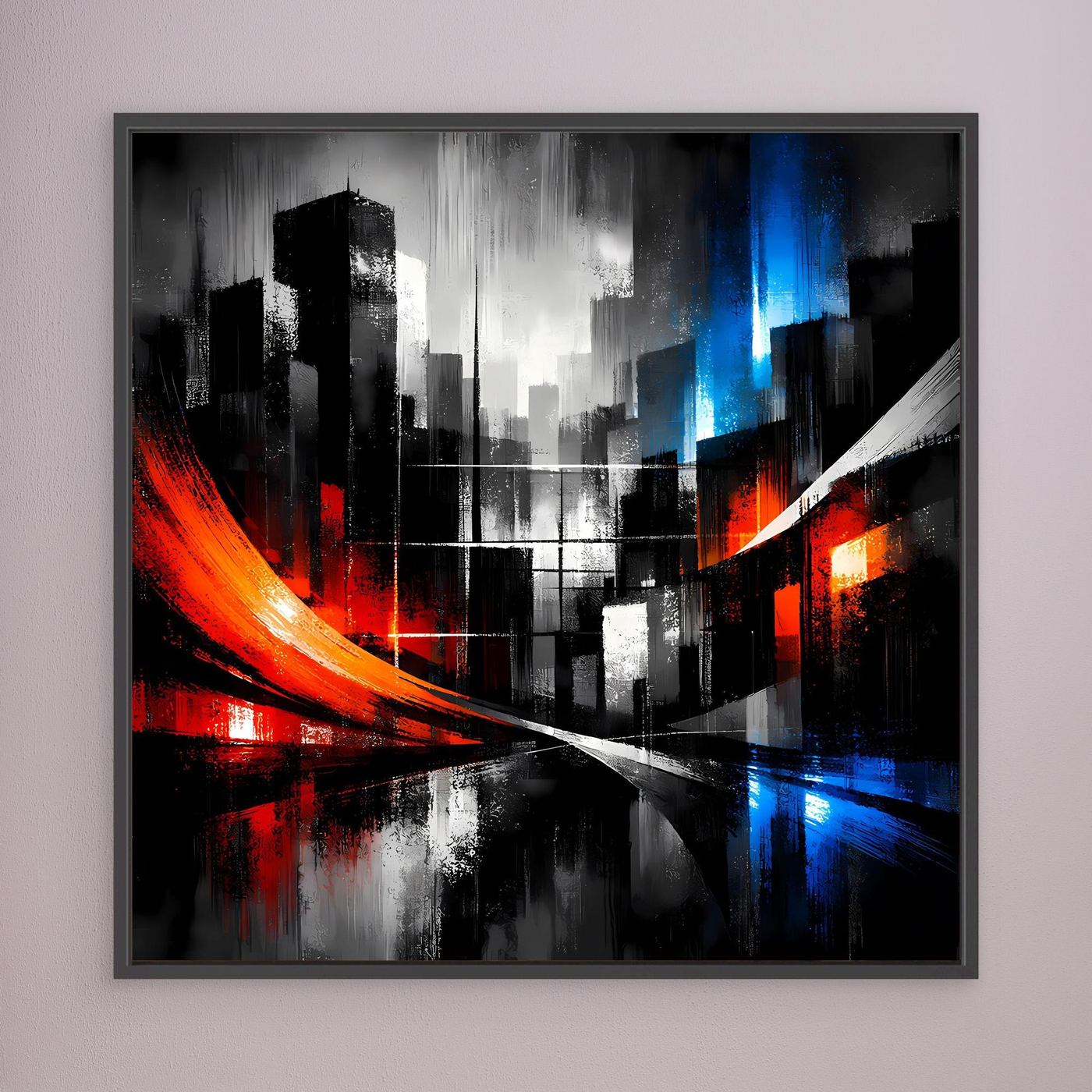Leinwand-Wandbild mit abstrakter Skyline, rote und blaue Lichtspuren, schwarzer Rahmen