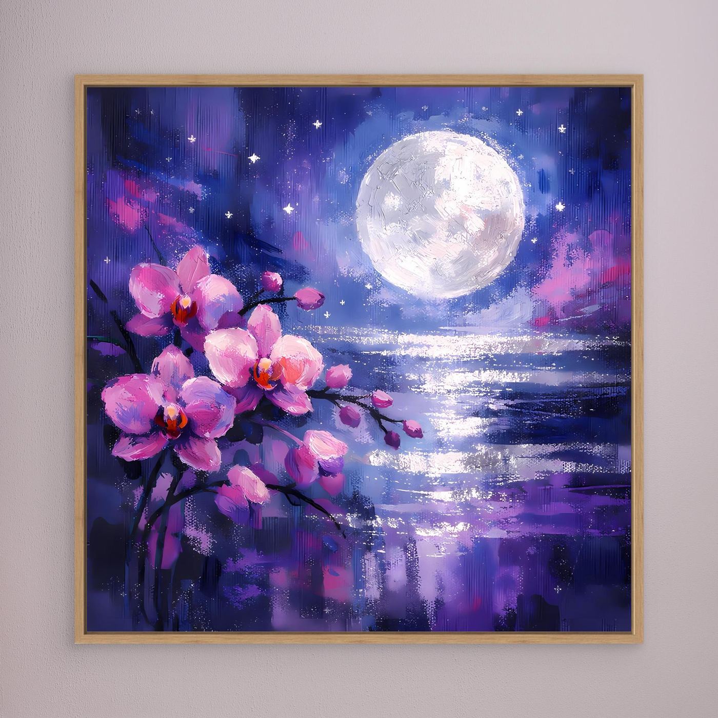 Wandbild im goldenen Rahmen: pinke Orchideenblüten am Vollmond über Meer