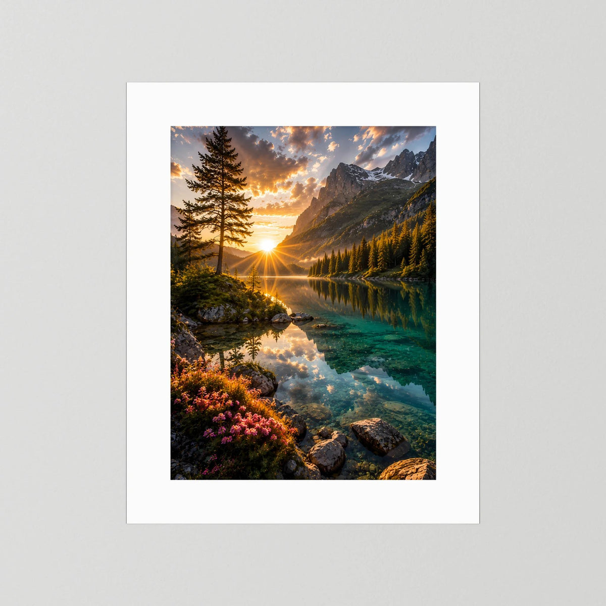 Bergsee im Sonnenuntergang | Alpenlandschaft mit Spiegelung | Poster Hochformat