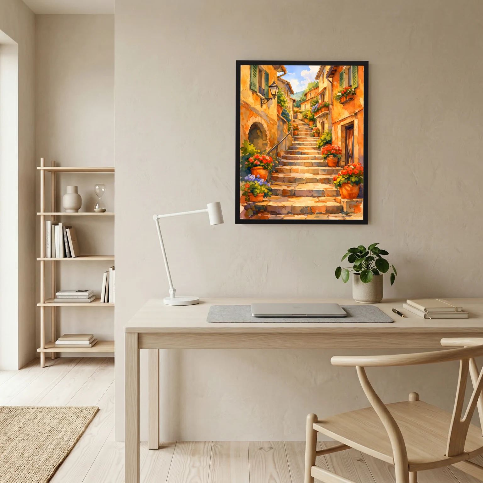 Wandbild mit schwarzem Rahmen: Altstadtgasse mit Steintreppe und Blumen in Töpfen