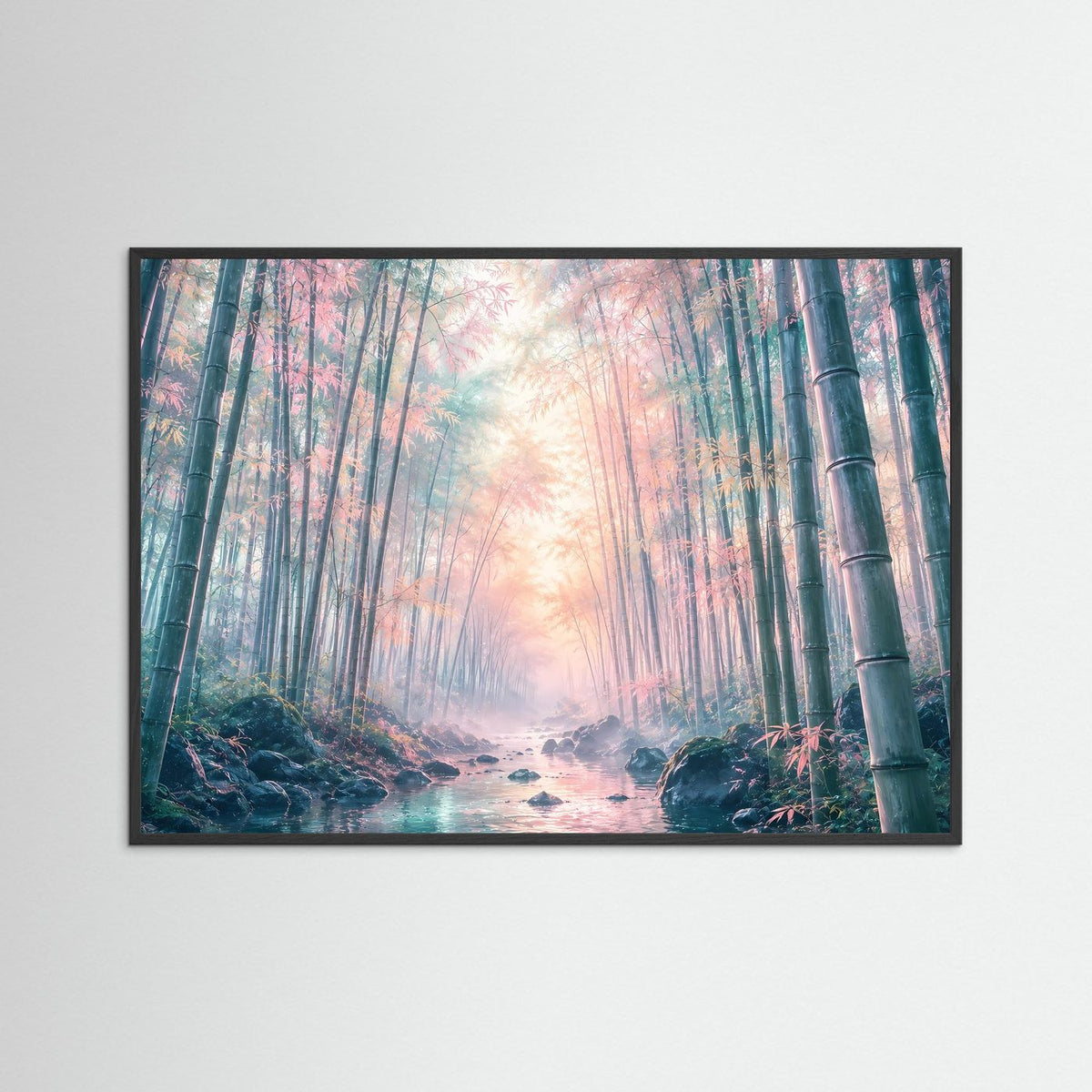 Wandposter im schwarzen Rahmen, nebliger Bambuswald mit Pfad und Lichtblick
