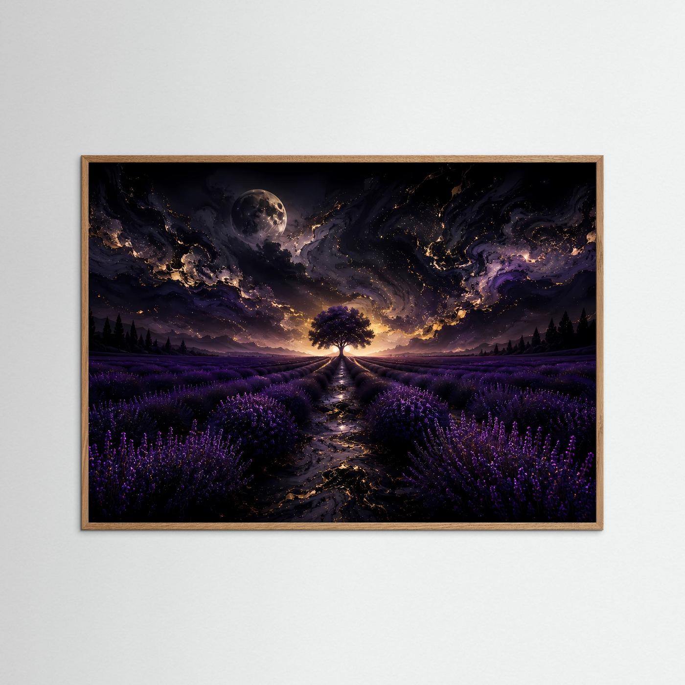 Lavendelfeld Wandbild Nacht | Mystischer Baum unter Mond | Fantasy Landschaft Poster | Lila Leinwandbild | Abstrakte Fine Art Wandkunst
