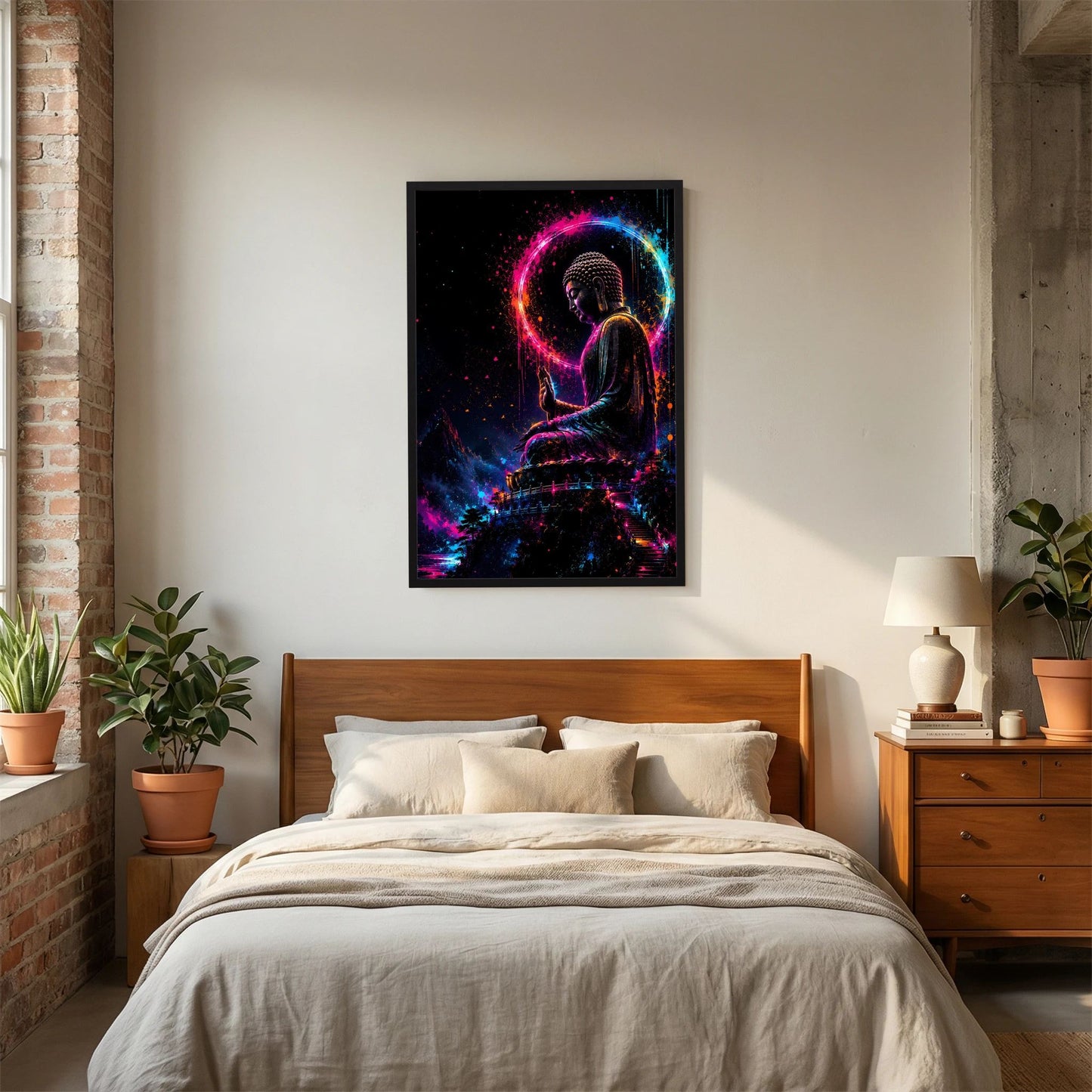 Buddha-Kunstposter im Hochformat mit Neonkreis und leuchtenden Farbspuren, schwarz gerahmt