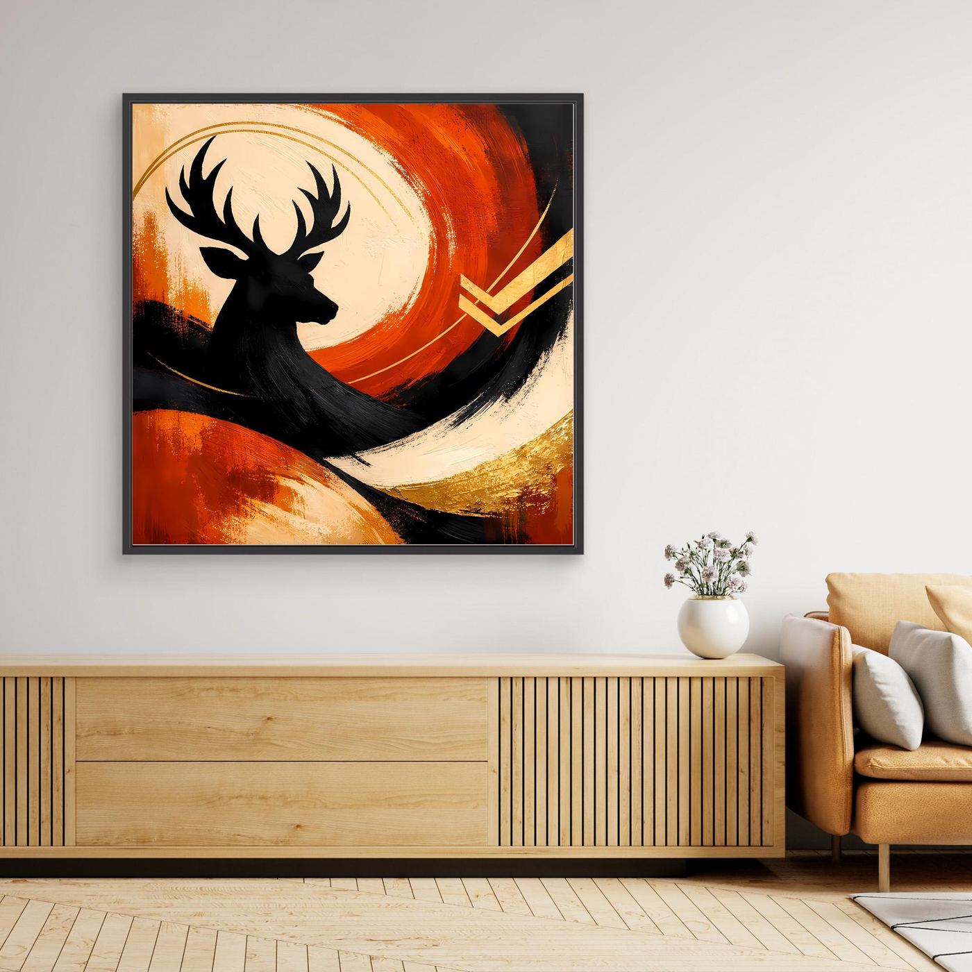 Leinwandbild mit schwarzem Hirsch im abstrakten Orange-Gold, schwarzer Rahmen
