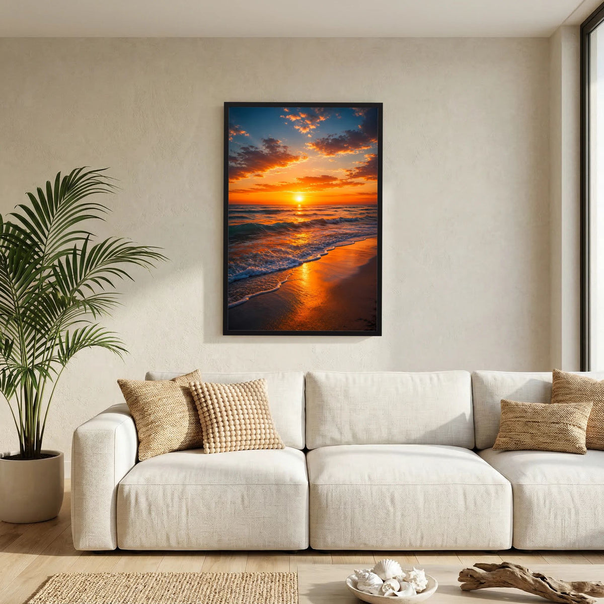 Hochformat-Poster mit Sonnenuntergang am Meer im schwarzen Rahmen, Blick auf Strandlinie