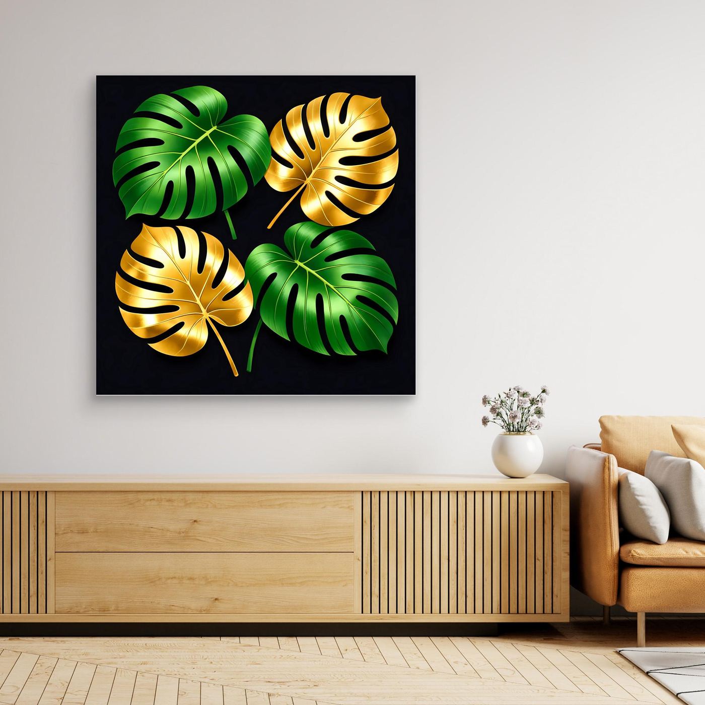 Leinwandbild mit vier Monstera-Blättern in Grün und Gold auf dunklem Grund, Rahmen schwarz