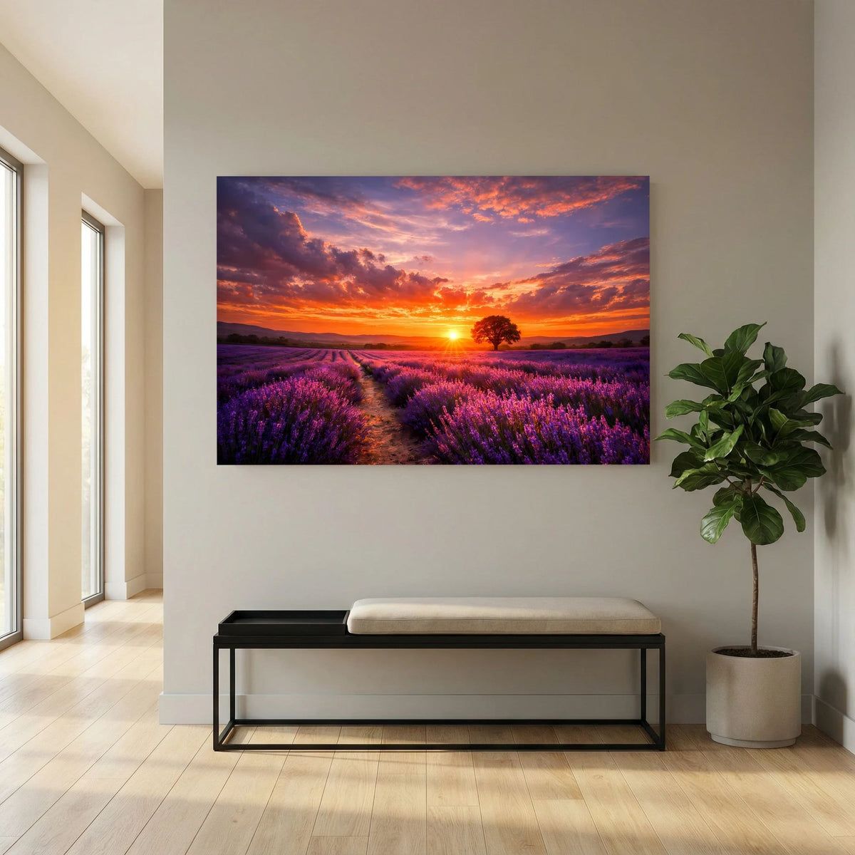 Horizontales Wandbild mit Lavendelfeld und Sonnenuntergang an der Wand über einer Bank.