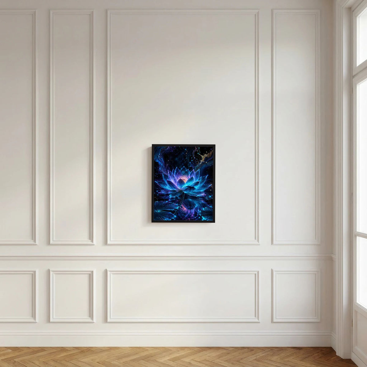 Gerahmtes Kunstposter mit leuchtender Lotusblüte in Blau-Tönen