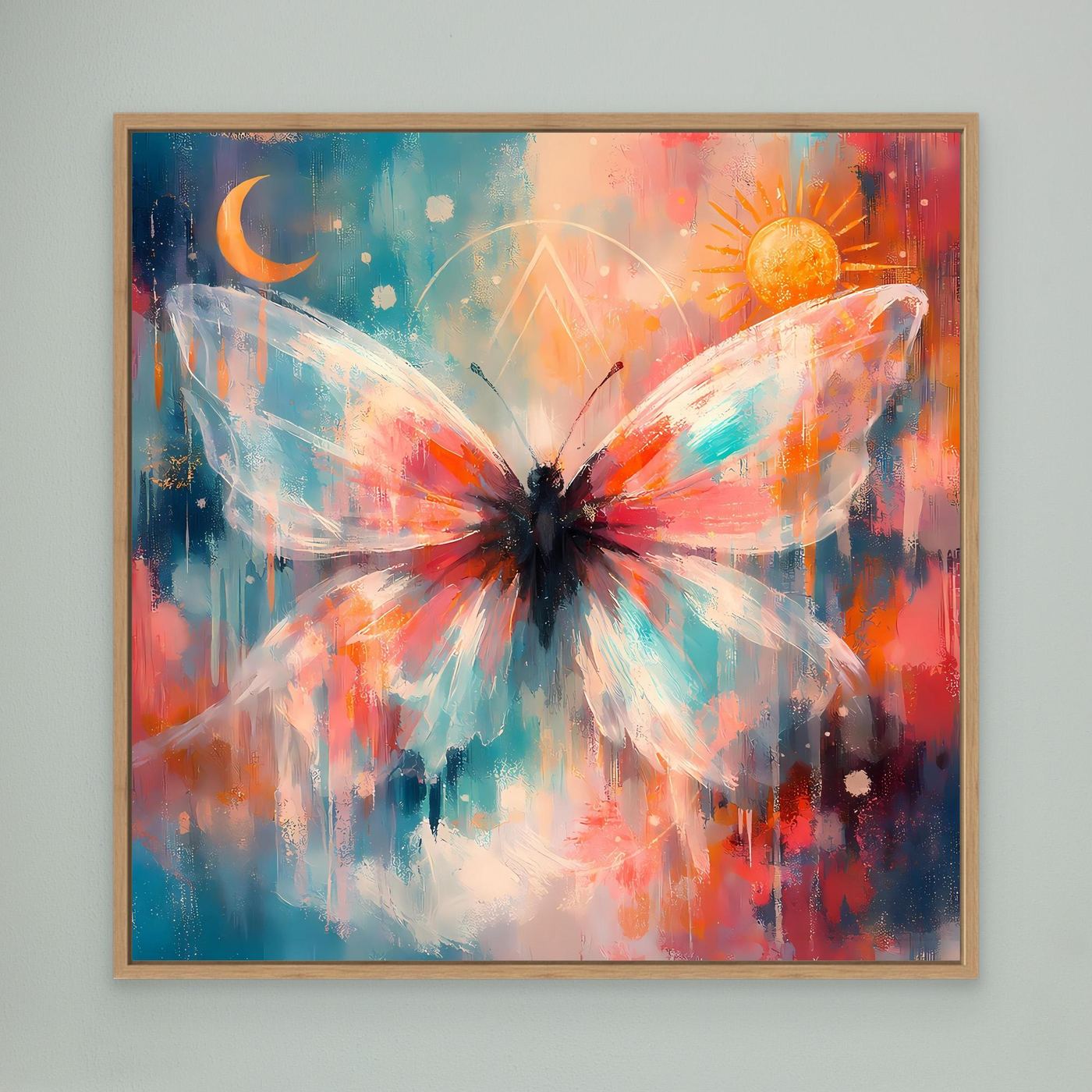 Leinwandbild mit Schmetterling, Sonne und Mond, im Holzrahmen (Eiche)