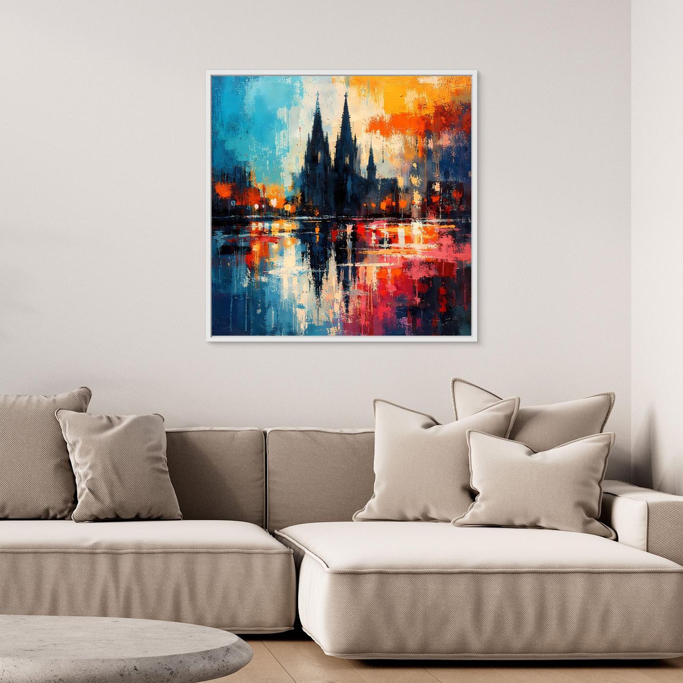 Abstraktes Leinwand-Wandbild mit dunkler Dom-Silhouette und Farbverlauf, breiter Rahmen