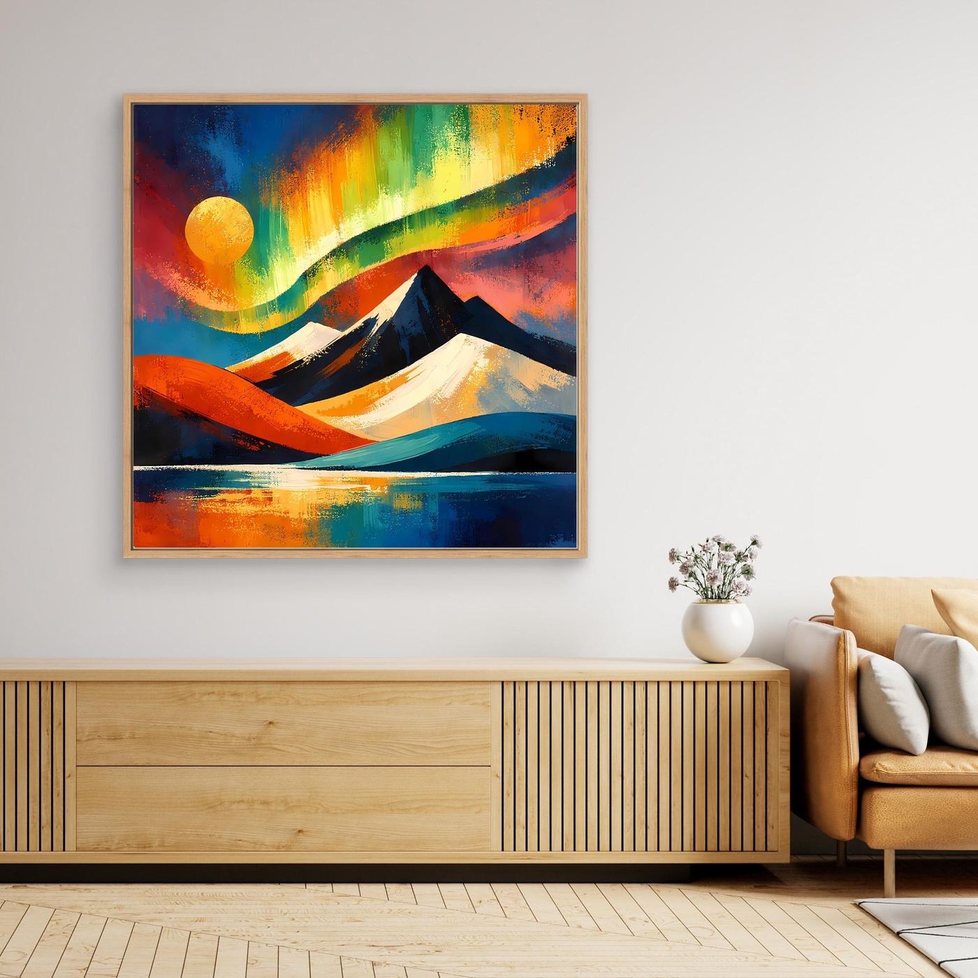 Gerahmtes abstraktes Leinwandbild mit bunten Bergen, gelber Sonne und blau-grünen Flächen