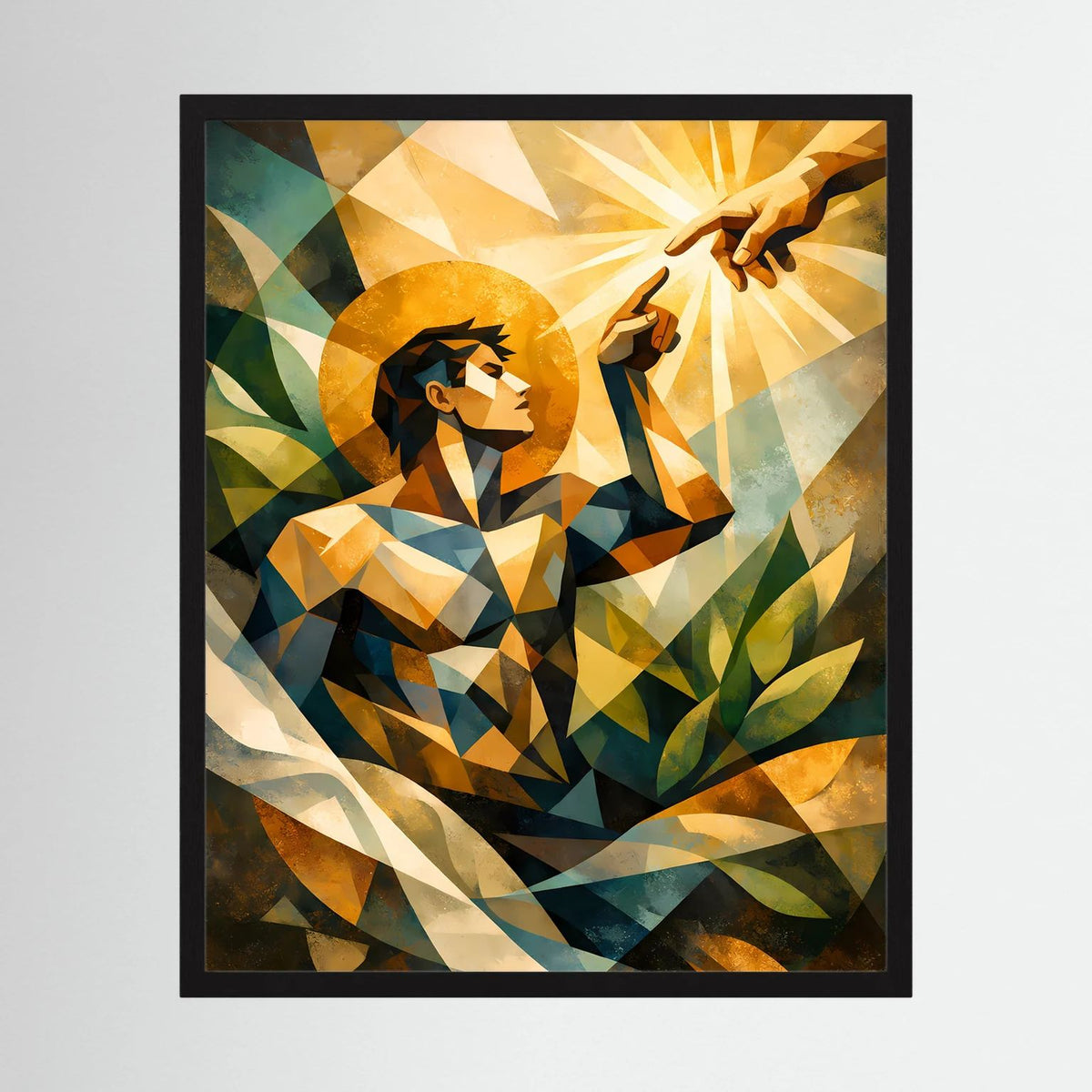 Wandbild im schwarzen Rahmen: geometrische Engel-Figur mit goldenen Strahlen und grünen Blättern