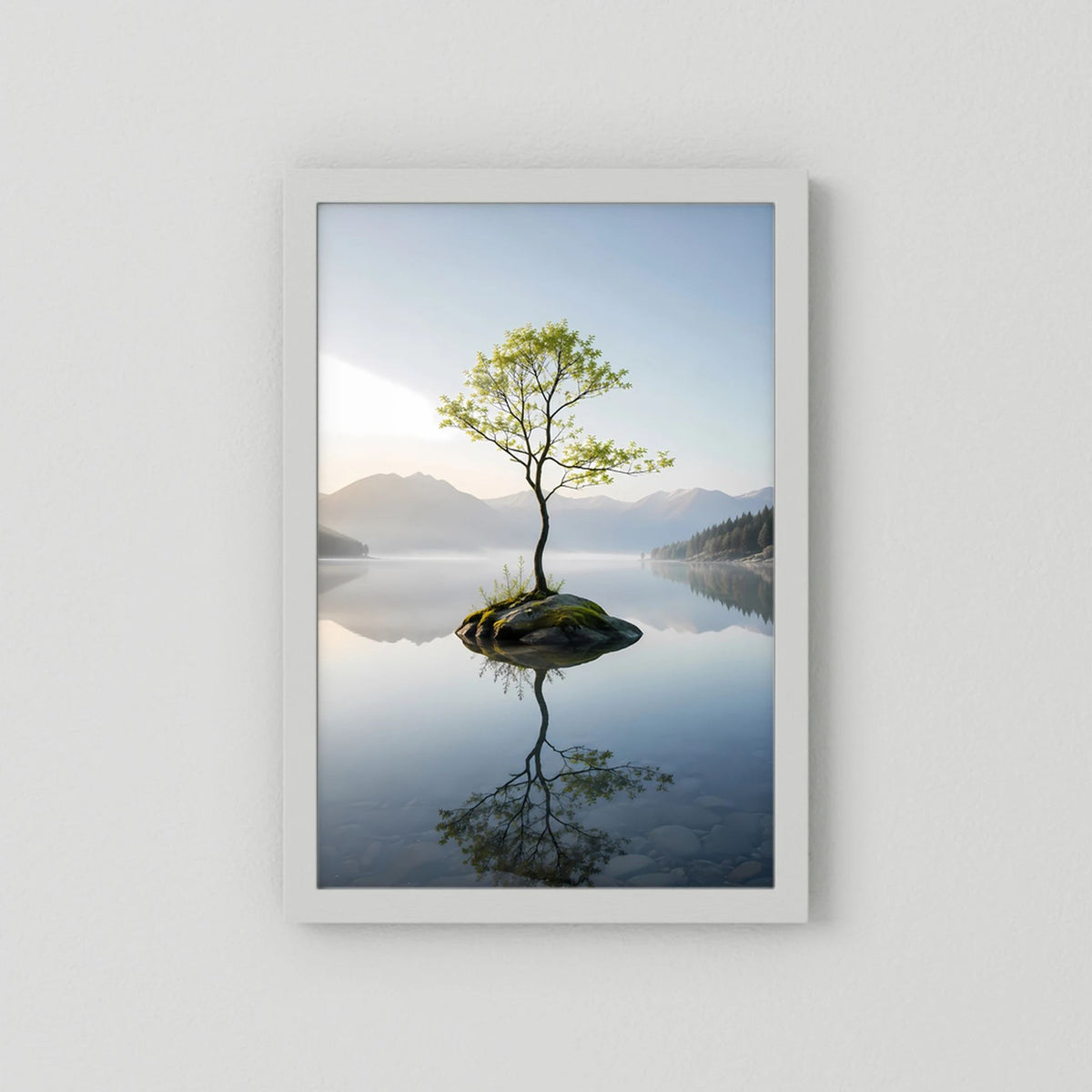Hochformatiges Poster mit einsamem Baum auf spiegelndem See, weiß gerahmt