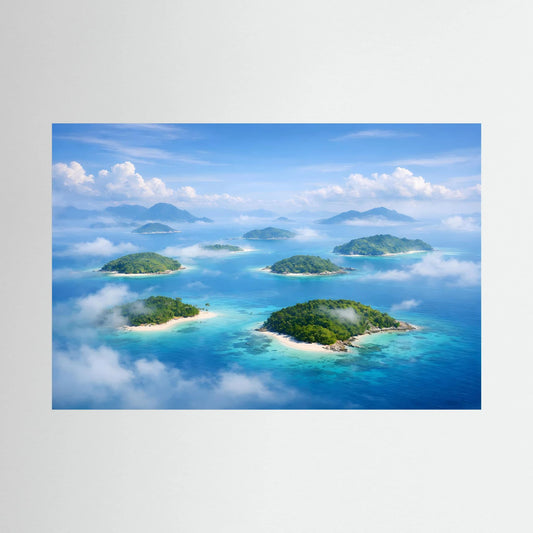 Wandbild mit tropischen Inseln und türkisblauem Meer aus Vogelperspektive