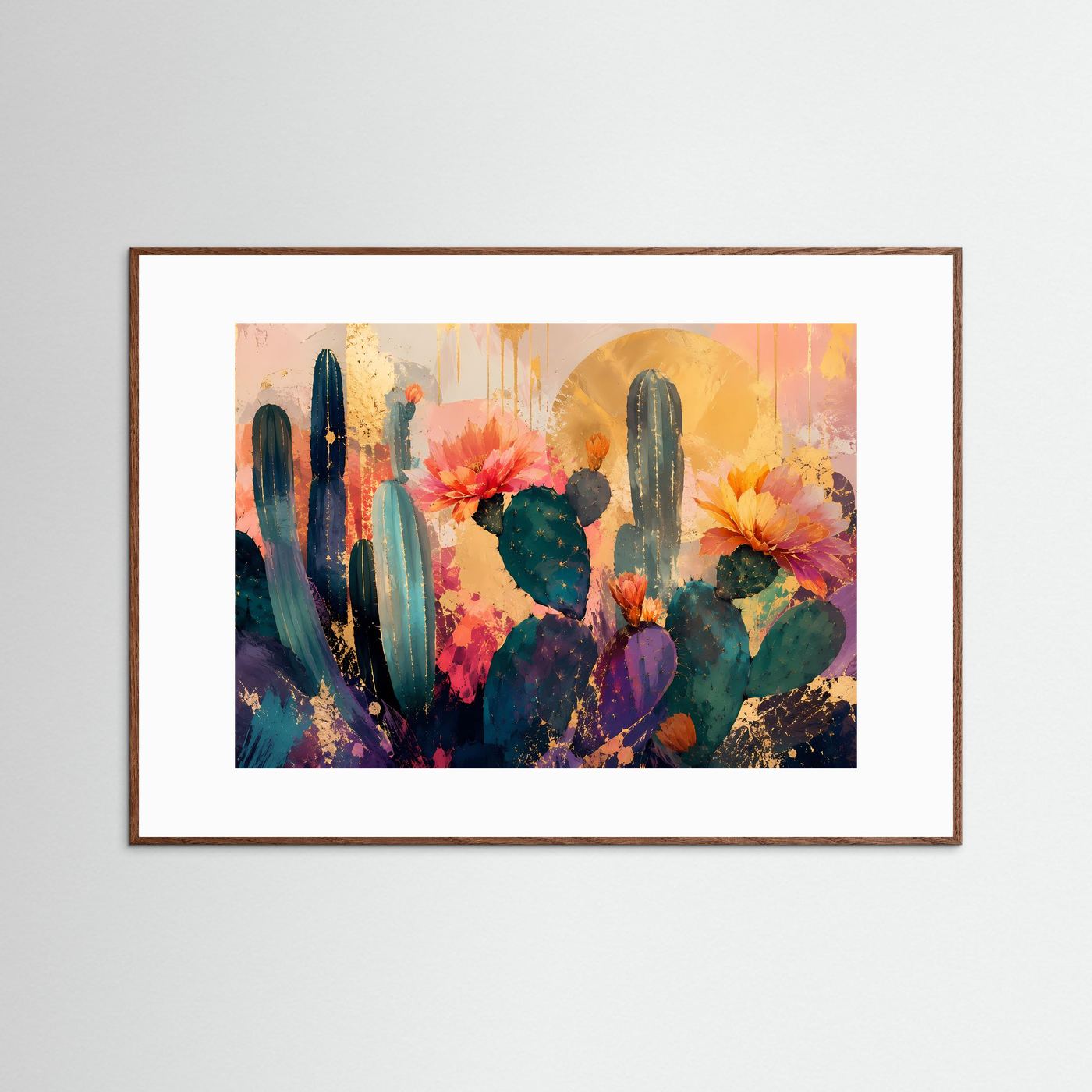 Blühende Wüste | Abstraktes Kaktus & Blumen Poster mit Gold- und Pastell-Akzenten