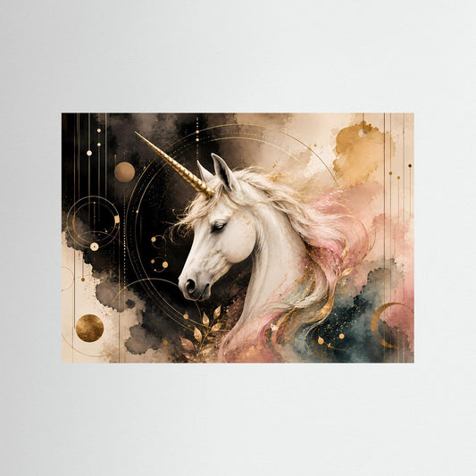 Querformat-Poster mit magischem Einhorn in Pastellrosa und Gold, weißes Pferdekopf-Motiv