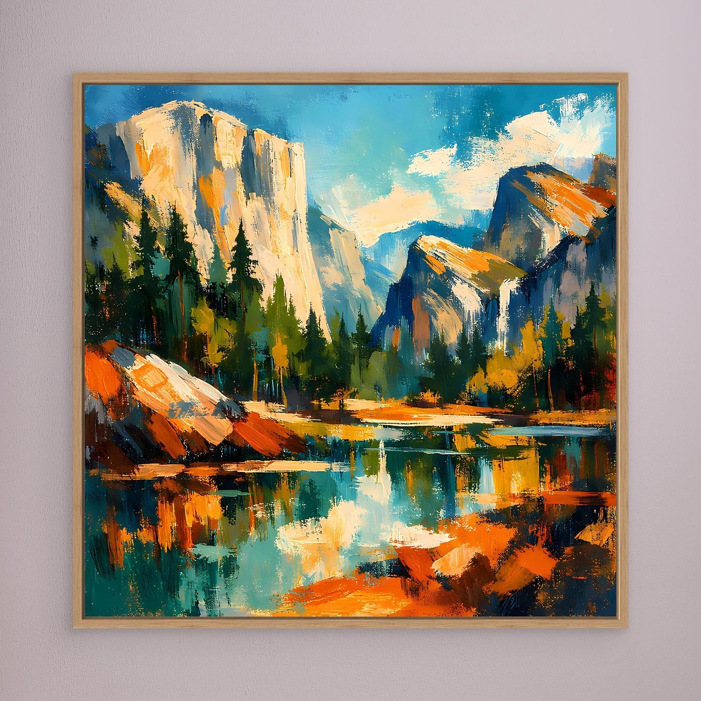 Wandbild auf Leinwand mit abstrakter Berglandschaft und See, Eichenholzrahmen