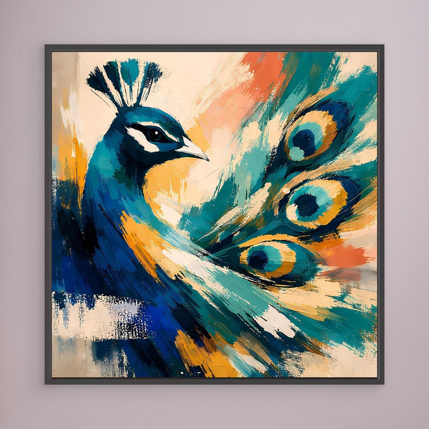 Peacock canvas wall art with abstract blue teal feathers and golden accents, black frame
