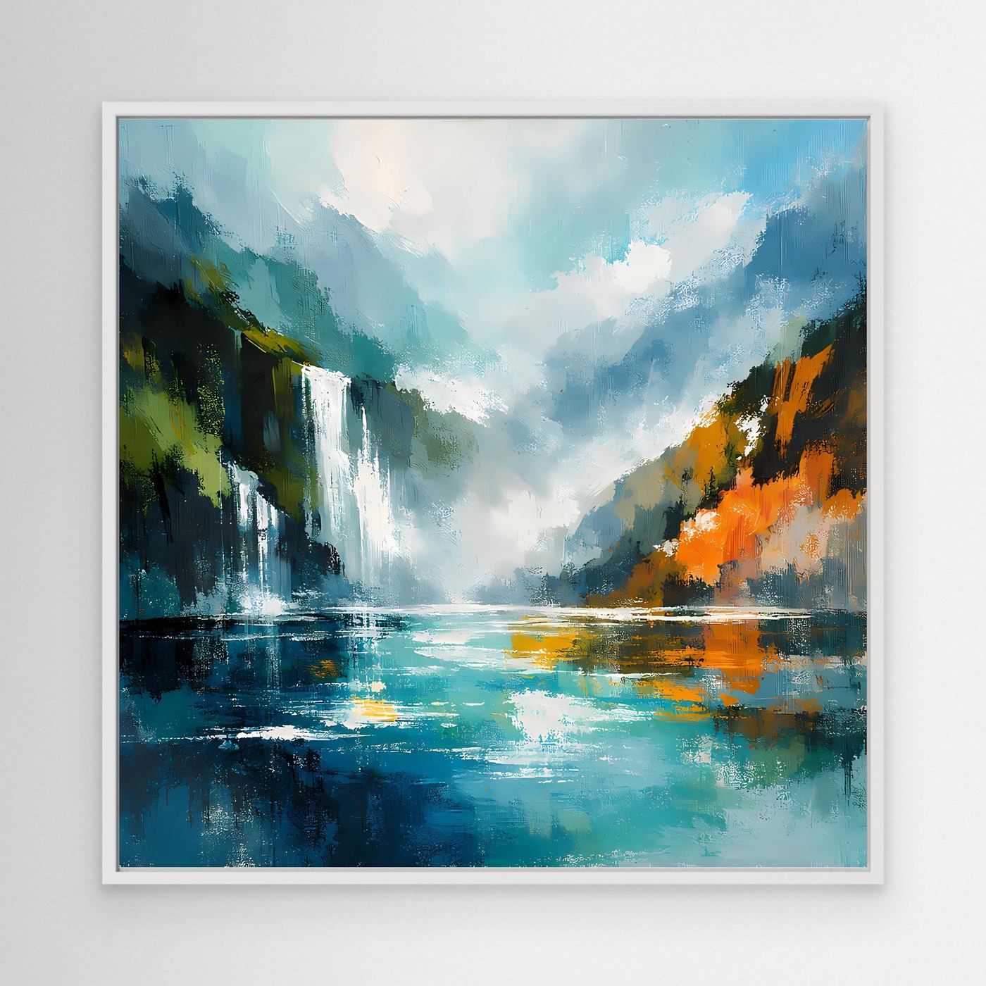 Abstraktes Wandbild mit Wasserfall und Fjord, türkis/blau, weißer Rahmen.