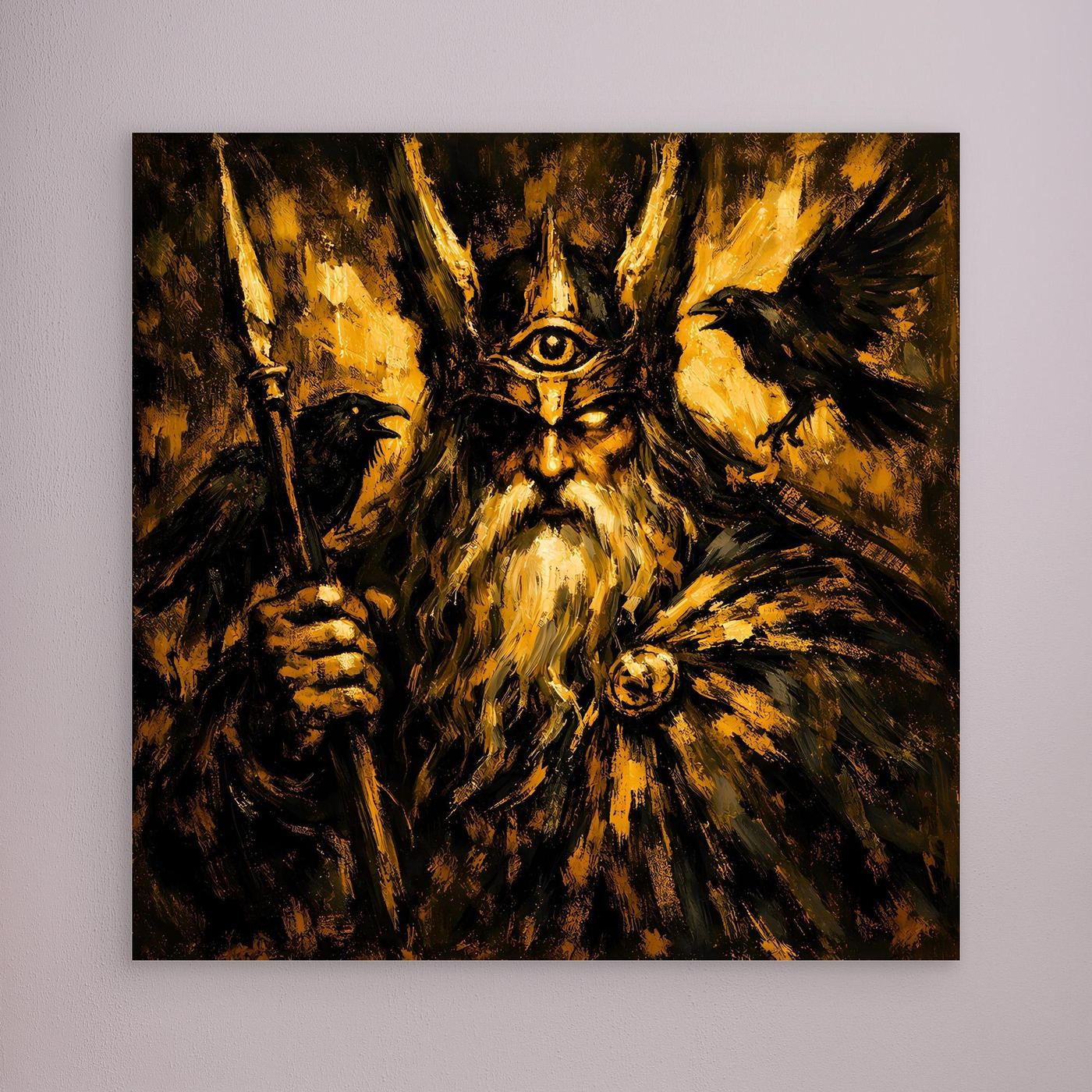 Leinwand Mythischer Allvater Odin in Goldoptik | Abstraktes Wikinger Götter Wandbild