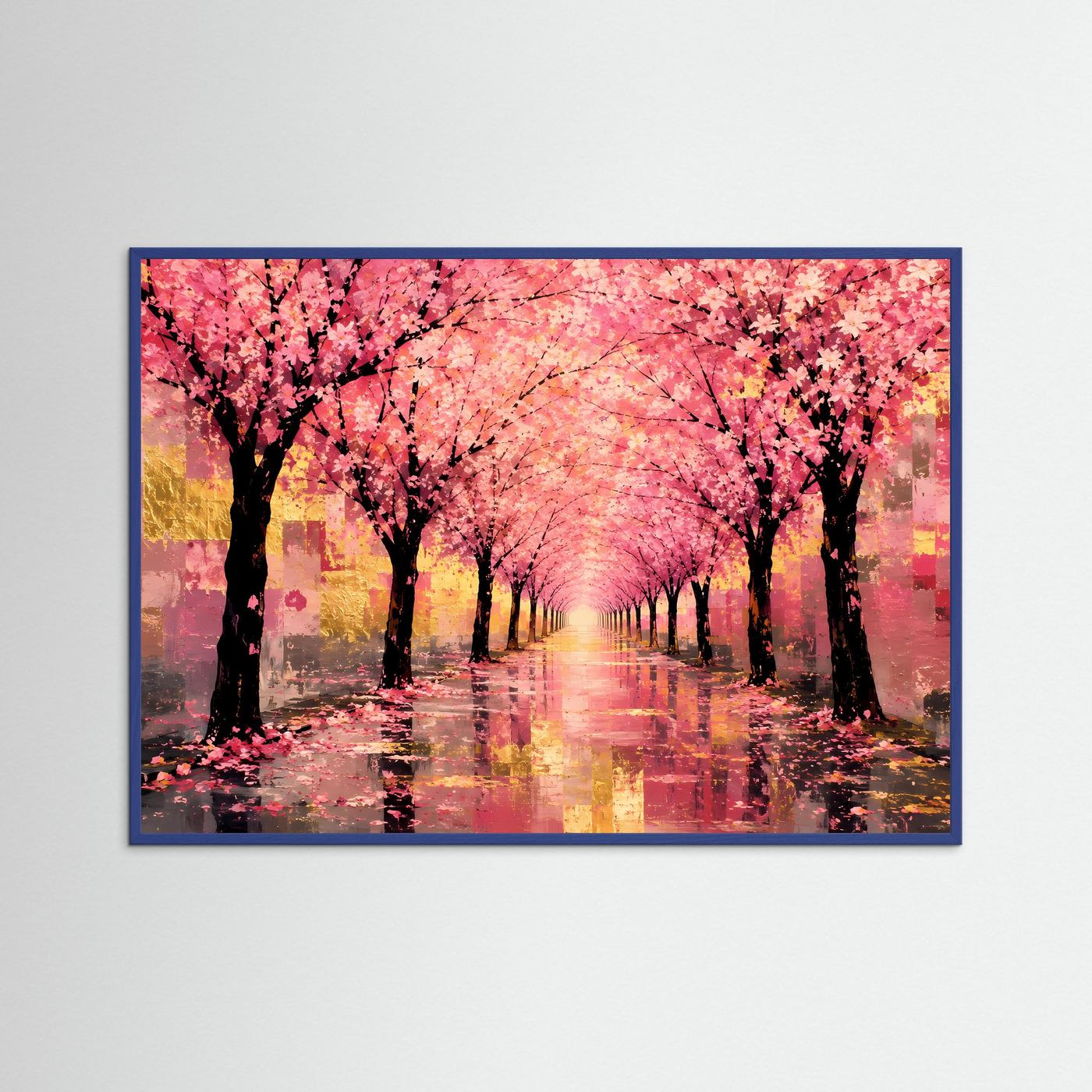 Gerahmtes Kunstposter mit Kirschblütenallee, rosa Blütenbäumen und Wasserreflexionen