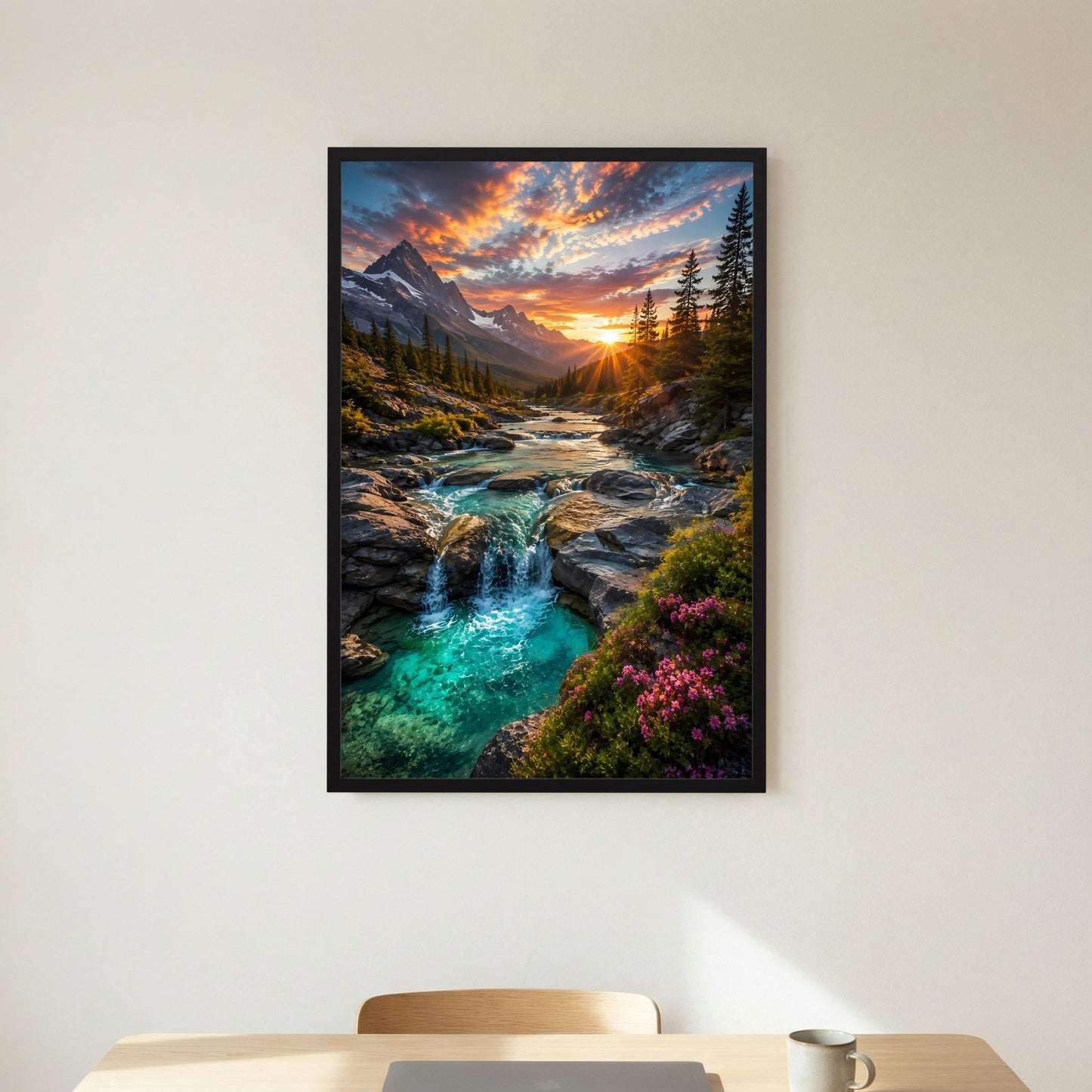 Hochformat-Poster mit türkisem Wasserfall und Sonnenuntergang im Alpen-Tal, schwarzer Rahmen