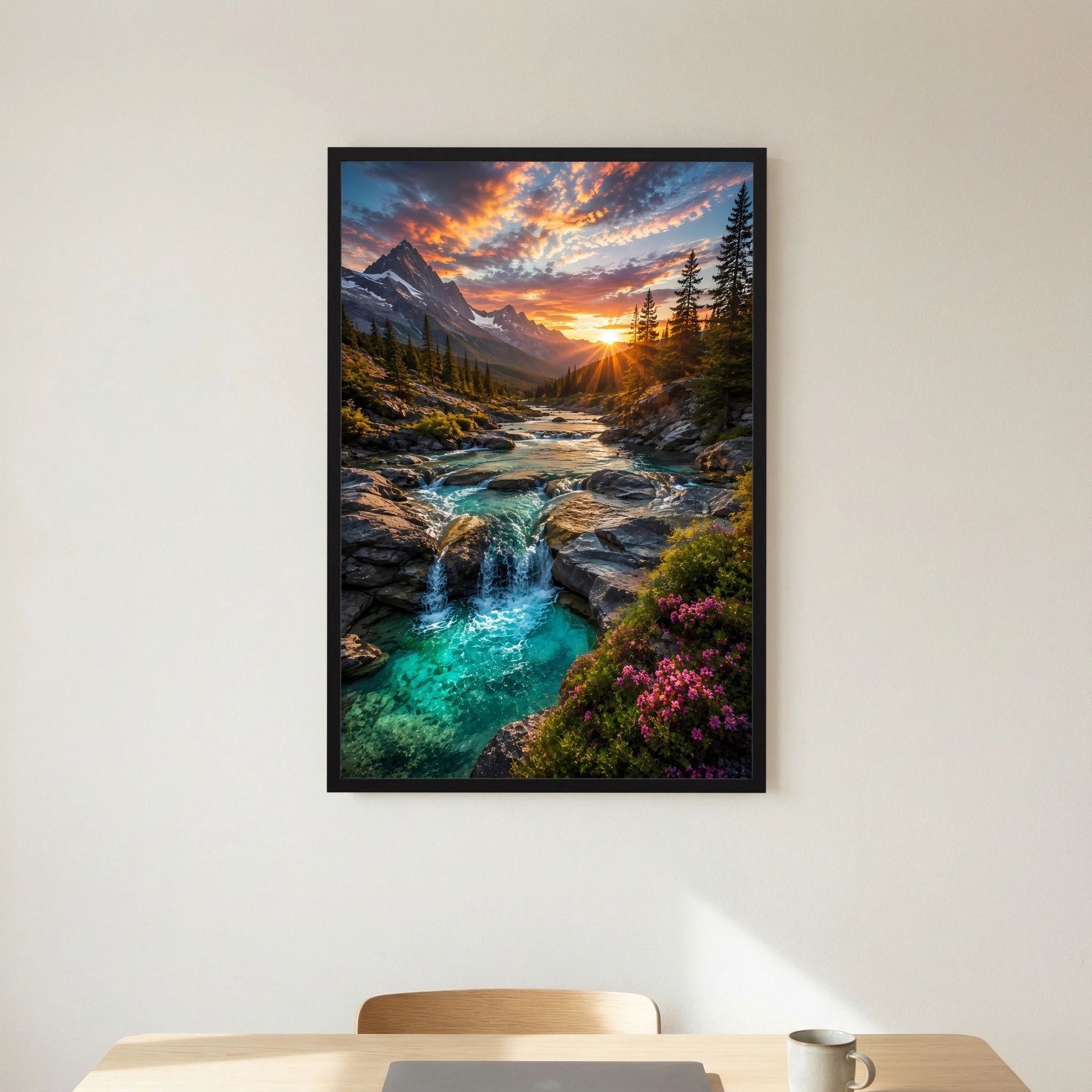 Hochformat-Poster mit türkisem Wasserfall und Sonnenuntergang im Alpen-Tal, schwarzer Rahmen