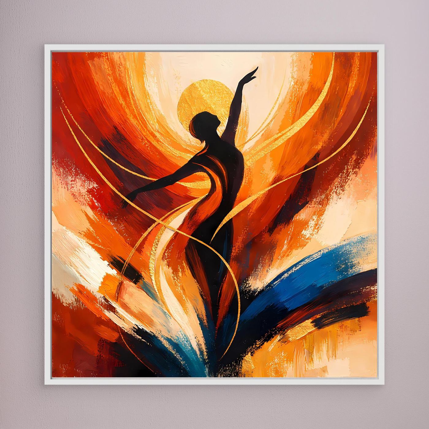 Leinwandbild mit Tänzerin-Silhouette und abstrakten Pinselstrichen in Orange, Gelb, Blau, weiß gerahmt