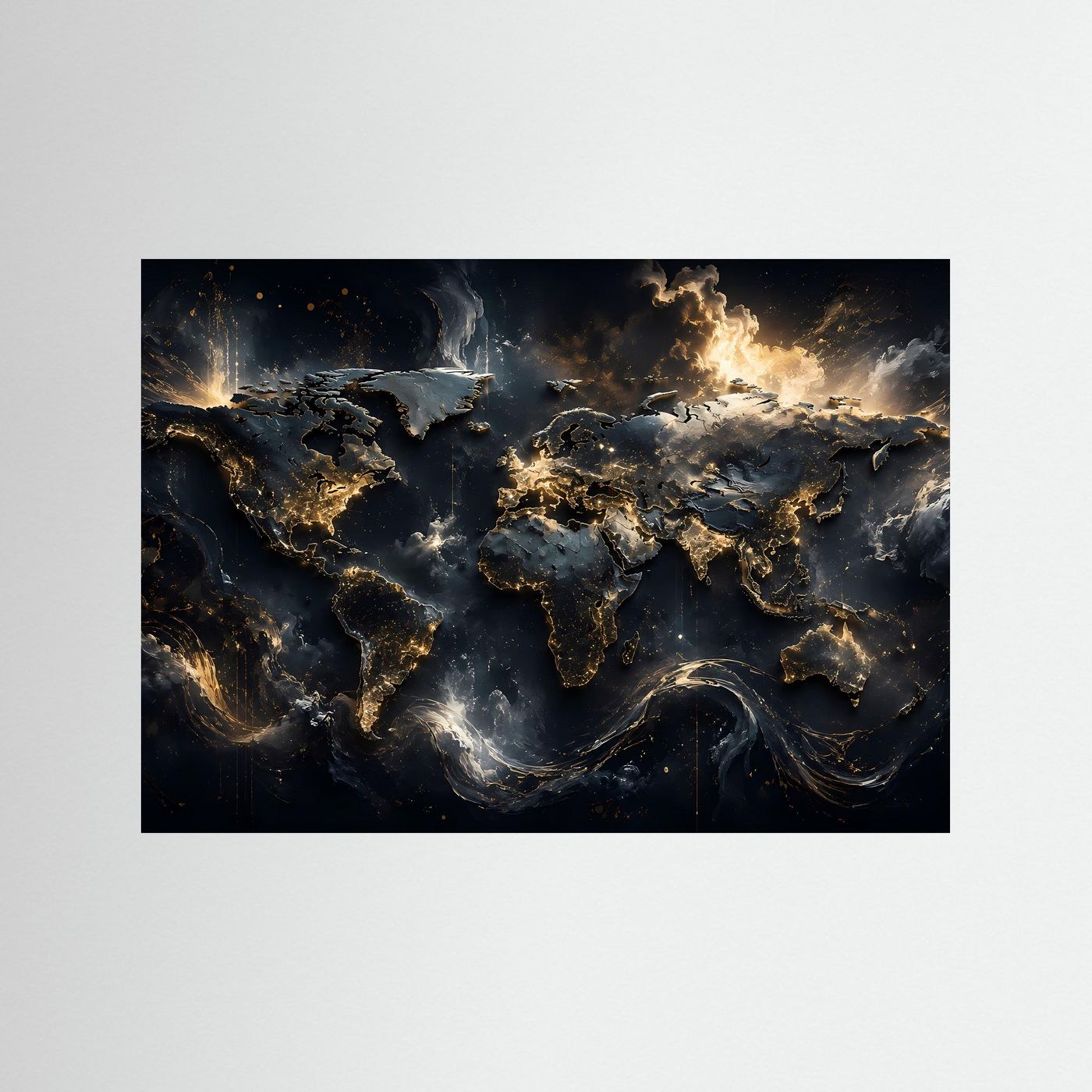 Weltkarte Gold Schwarz Poster | Moderne Weltkarte Wandbild | Luxus Fine Art | Abstrakte Landkarte | Panorama Leinwand