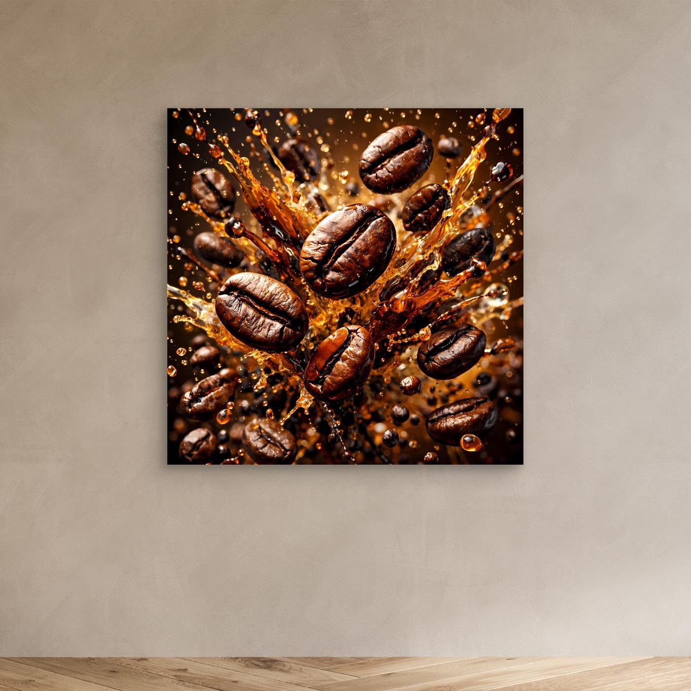 Leinwandbild mit Kaffeebohnen-Splash, schmaler Rand, braun-goldene Spritzer