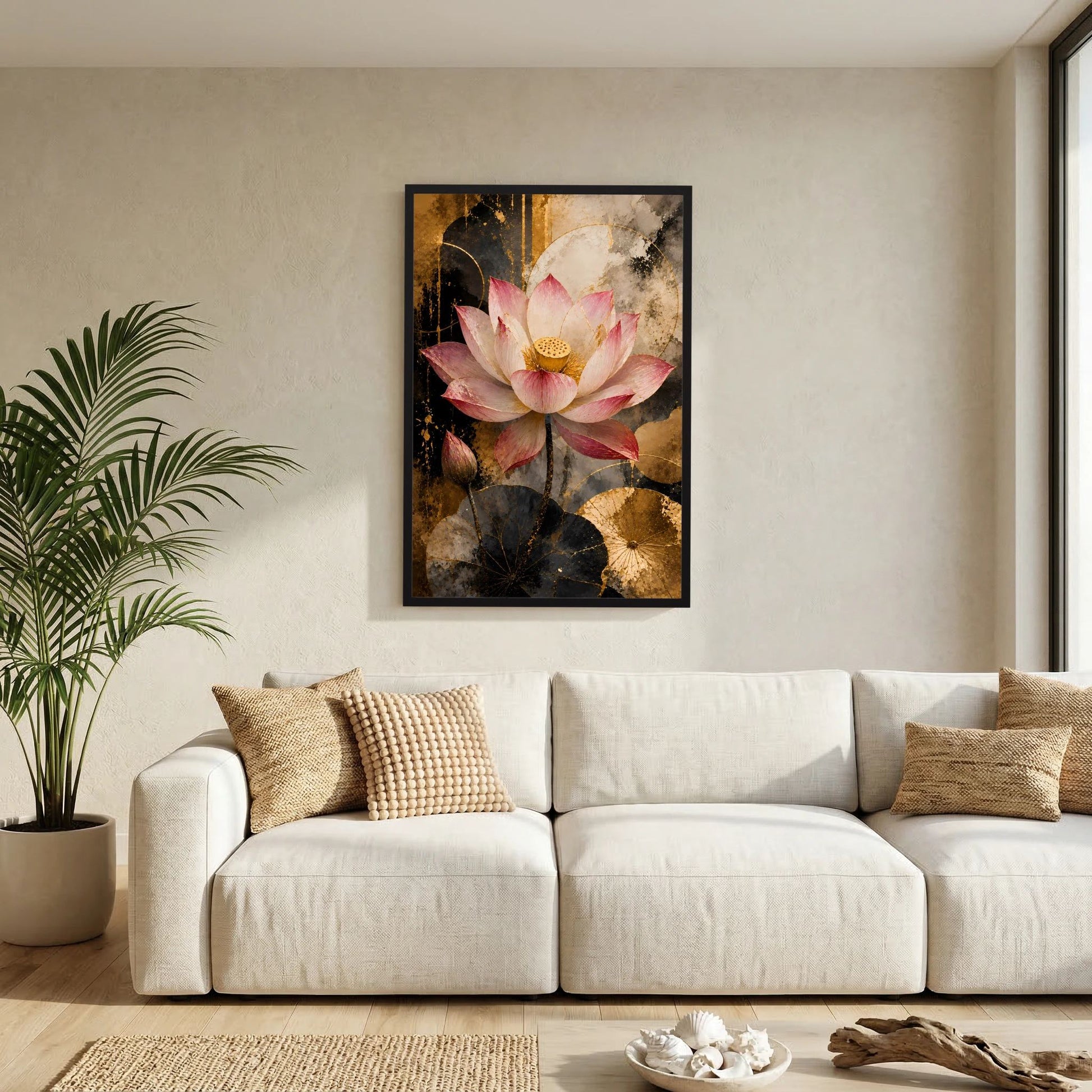 Rosa Lotusblüte in Gold & Schwarz | Elegante florale Kunst | Poster Hochformat