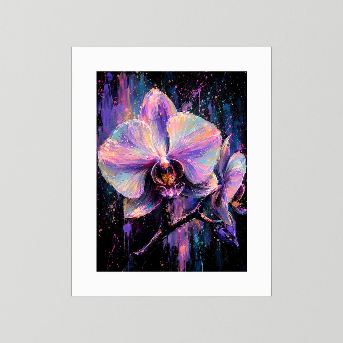 Kunstposter mit abstrakter Neon-Orchidee in Lila, Rosa und Blau im weißen Rand